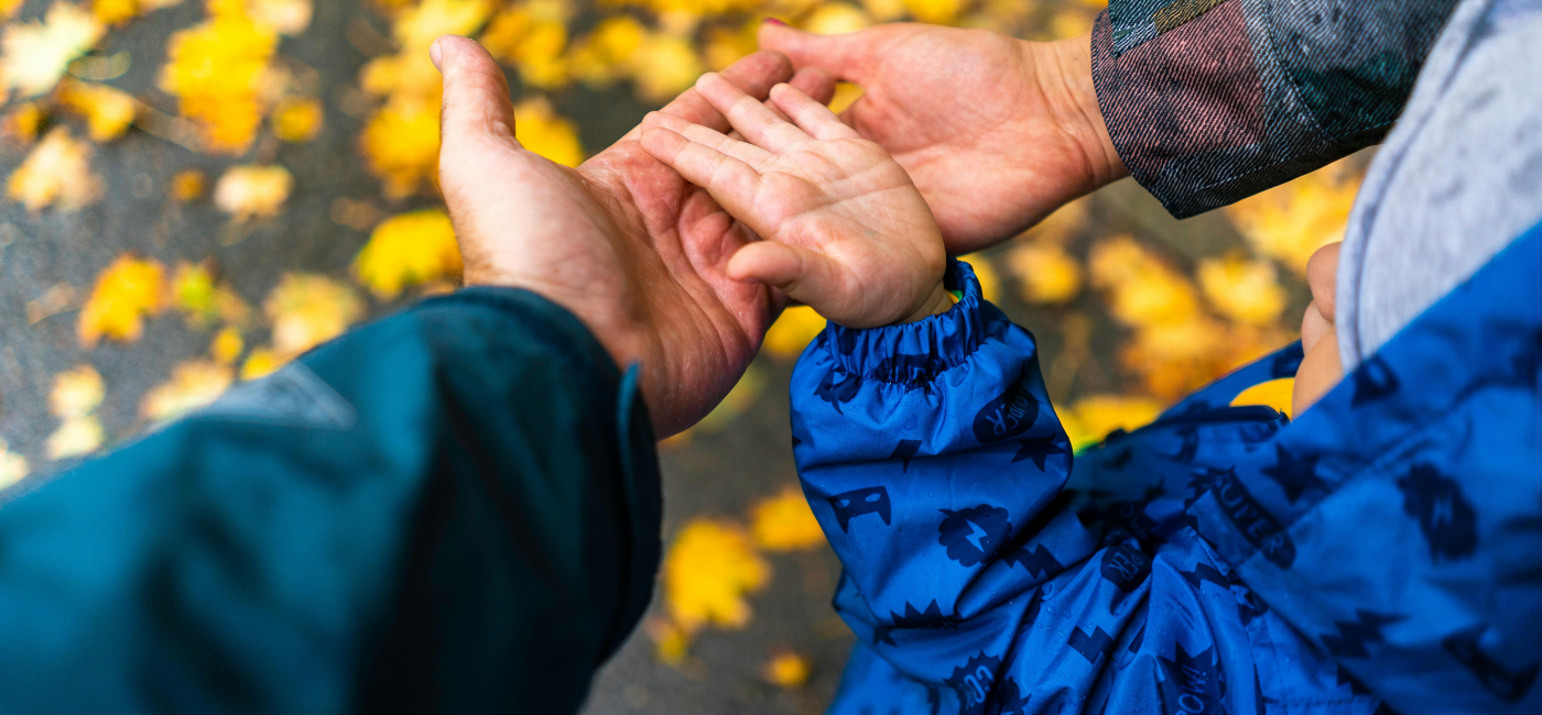 Adults hold a child's hand, with golden fall leaves on the ground in the background.